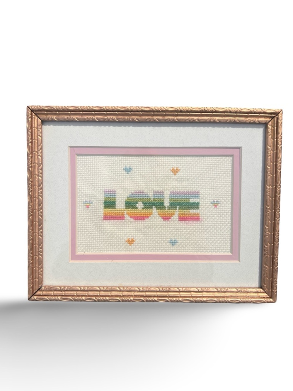 Framed “LOVE” Cross Stitch Rainbow‎ Pastel Hearts 9x7 Handmade Decor